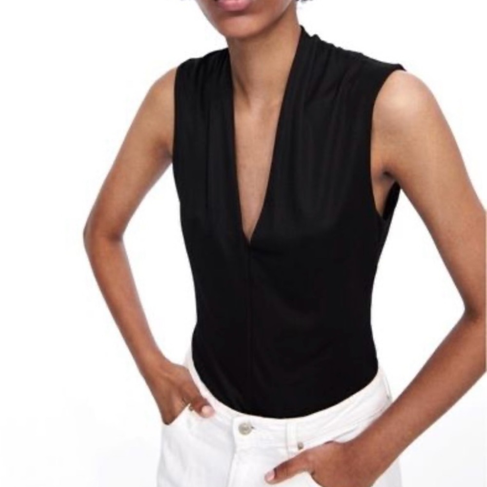 Zara Black Deep V Sleeveless Ruched Bodysuit - Size Small